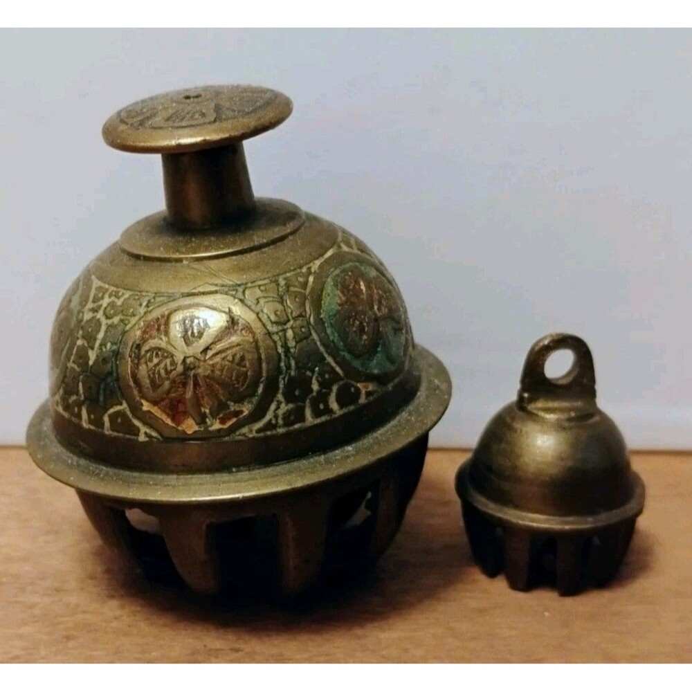 Vintage Brass Claw Bell Lot 2pc Enameled Shamrock Crotal Elephant Tiger Bells